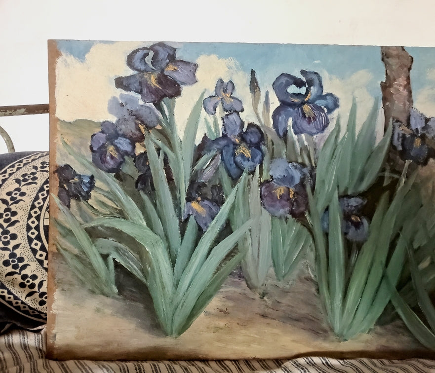Huile sur carton -Jardin d'Iris-
