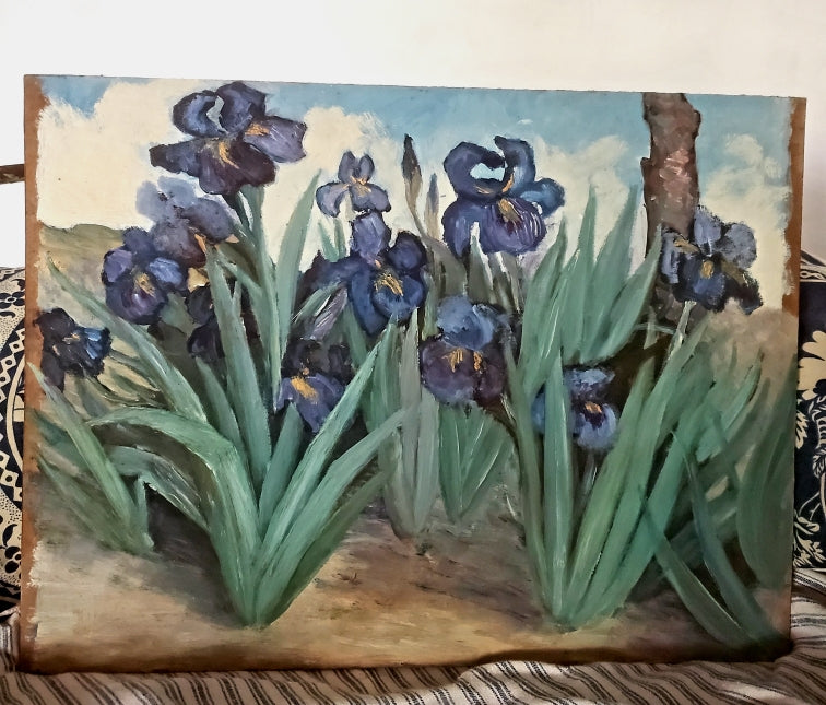 Huile sur carton -Jardin d'Iris-