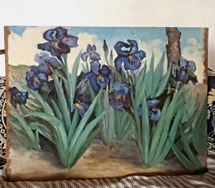 Huile sur carton -Jardin d'Iris-