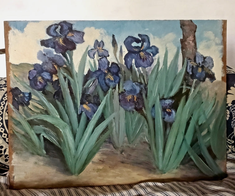 Huile sur carton -Jardin d'Iris-