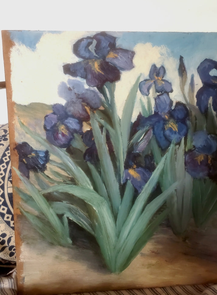 Huile sur carton -Jardin d'Iris-