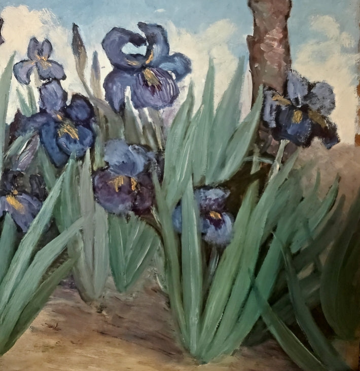 Huile sur carton -Jardin d'Iris-