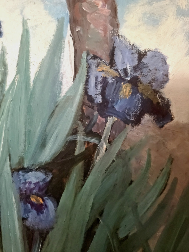 Huile sur carton -Jardin d'Iris-