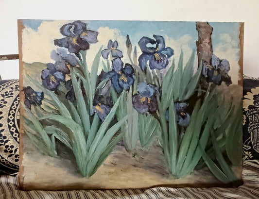 Huile sur carton -Jardin d'Iris-